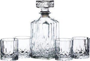 BarCraft Whisky Decanter and Glass Gift Set, Cut Glass 5-piece Set, 900ml Decanter with Silicone Seal Stopper and 4x Tumblers, 26 x 10 x 24cm, Kristall