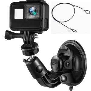 micros2u Pro Series Heavy Duty Performance Large Diameter (9.5cm) Suction Cup Windscreen Window Glass Mount with Stainless Steel Tether Lanyard for GoPro Hero and Most Action Cameras