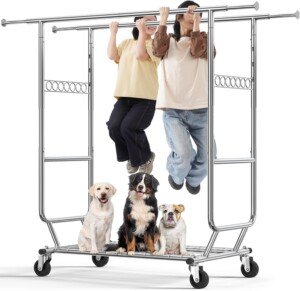 HOKEEPER Heavy Duty Double Rail Clothes Rack on Wheels, 295kg(650lbs) Capacity, Industrial Design with Bottom Shelf, Extendable Length & Height - Ideal for Bedroom, Boutique, Laundry Room, Yard Sale