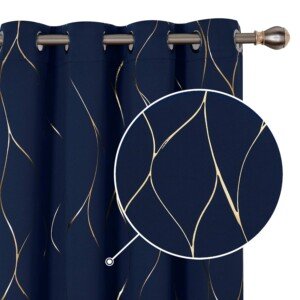 Deconovo Eyelet Curtains, Blackout Home Decoration Thermal Insulated Gold Wave Foil Printed Material Curtains for Boys Bedroom, 46 x 54 Inch (Width x Length), Navy Blue, One Pair