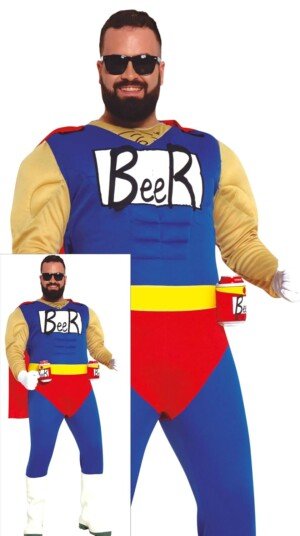 FIESTAS GUIRCA | Beerman Fancy Dress Costume Adult - Cape, Belt, Jumpsuit and Can Holder - Superhero Costumes for Bachelor Party, Beer Parties and Celebrations - Man - Blue and Red