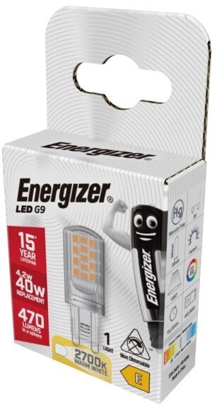 Energizer G9 LED Light Bulb. 4.2W (40w Halogen Equivalent) 220-240V. 470 Lumens. Bi-Pin Base Energy Saving. Warm White 2700k