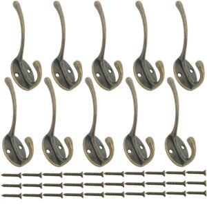 10 Pack Double Coat Hooks for Wall Door with Screws Antique Robe Hook for Hanging Clothes, Hat, Scarf, Bag, Towel, Key, Cup, Cap (Bronze)