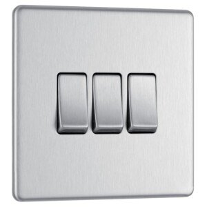 BG Electrical Triple Wall Light Switch, 2 Way, Screwless Front Plate, Slim Profile, Premium Flatplate, Brushed Steel, 20A, 16AX, FBS43