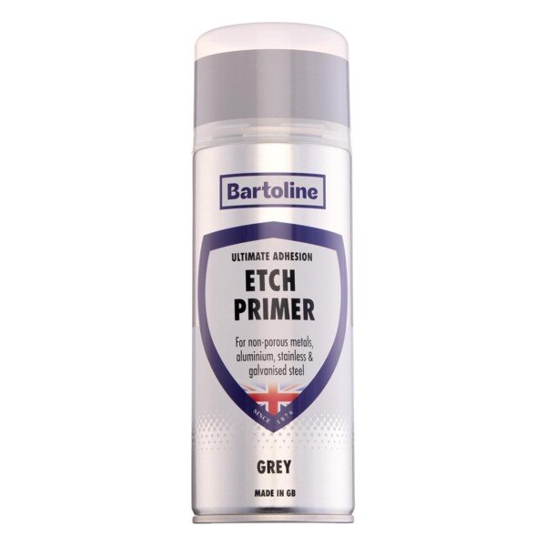 Side view of Bartoline Grey Etch Primer Spray 400ml Matt Finish, ideal for aluminium and galvanised steel treatments.