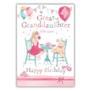 Paper Rose Great Granddaughter 4th Birthday Card - Happy Birthday Card for Girls Age 4 with Teddy Bear Party Design and Foil and Flitter Details