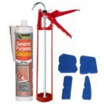 Front view of the Swiflee and Co White Silicone Sealant Anti Mould Set, featuring the caulking gun and accessories