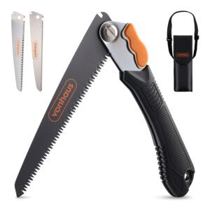 Side angle of the VonHaus Pruning Saw – Folding Hand Saw, highlighting its folding feature and included storage pouch