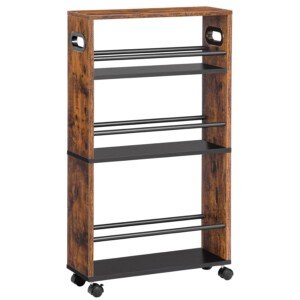 HOOBRO Slim Storage Trolley, Narrow Kitchen Cart for Small Space, Slide Out Kitchen Trolley on Wheels, 4-Tier Rolling Utility Cart with Handle, Living Room, Kitchen, Rustic Brown and Black EBF15TC01