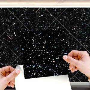 WALPLUS Glitter Black Tile Stickers 15cm x 15cm (6") Peel and Stick Backsplash Removable Self Adhesive Stick on Tiles Kitchen Splashbacks Transfers Stairs Holographic Home Decors 24 PCS