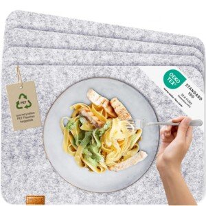 MIQIO® Scandi Style Felt Place Mats - Felt & Leather - Washable | Set of 4 Felt Placemats 44x30 cm | Table Mats for Table Decoration | Light Grey