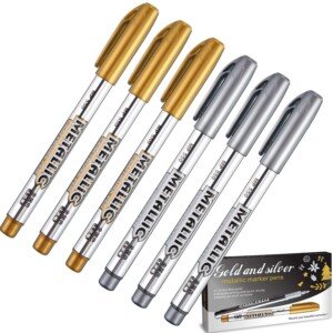 Gold and Silver Metallic Marker Pens, Metallic Permanent Markers Suitable for Cards Writing Signature Lettering Metallic Painting Pens (Gold and Silver, 1.5 mm 6 Pens)