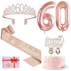 60th Birthday Decorations for Women, Including 60th Birthday Sash and Tiara, Cake Topper and Candles, Rose Gold Number Balloons, 60 Year Old Gifts for Women
