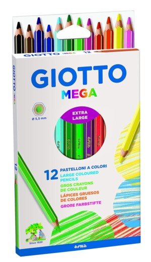 GIOTTO Mega Chunky Colouring Pencils, 12 Assorted Colours, For Children, Parties and Schools