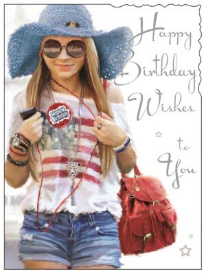 Greeting Card (JJ4337) Female Birthday - Girl In Denim Shorts - Foil Embossed Finish