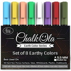 Chalk Pens - Pack of 8 Earth Colour Markers - Use on Whiteboard, Chalkboard, Window, Blackboard, Bistros Glass - 6mm Reversible Bullet & Chisel Tip