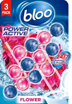 Bloo Power Active Toilet Rim Block Fresh Flowers, with Anti-Limescale, Cleaning Foam, Dirt Protection and Extra Freshness - Pack of 3 Rimblocks