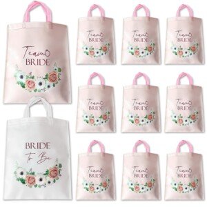 13 Floral Hen Party Bags (40x32cm) – 12 Team Bride Rose Gold Totes & 1 White Bride-to-Be Bag – Large Personal Packs to Fit Games Accessories for Bachelorette Weekend Fun