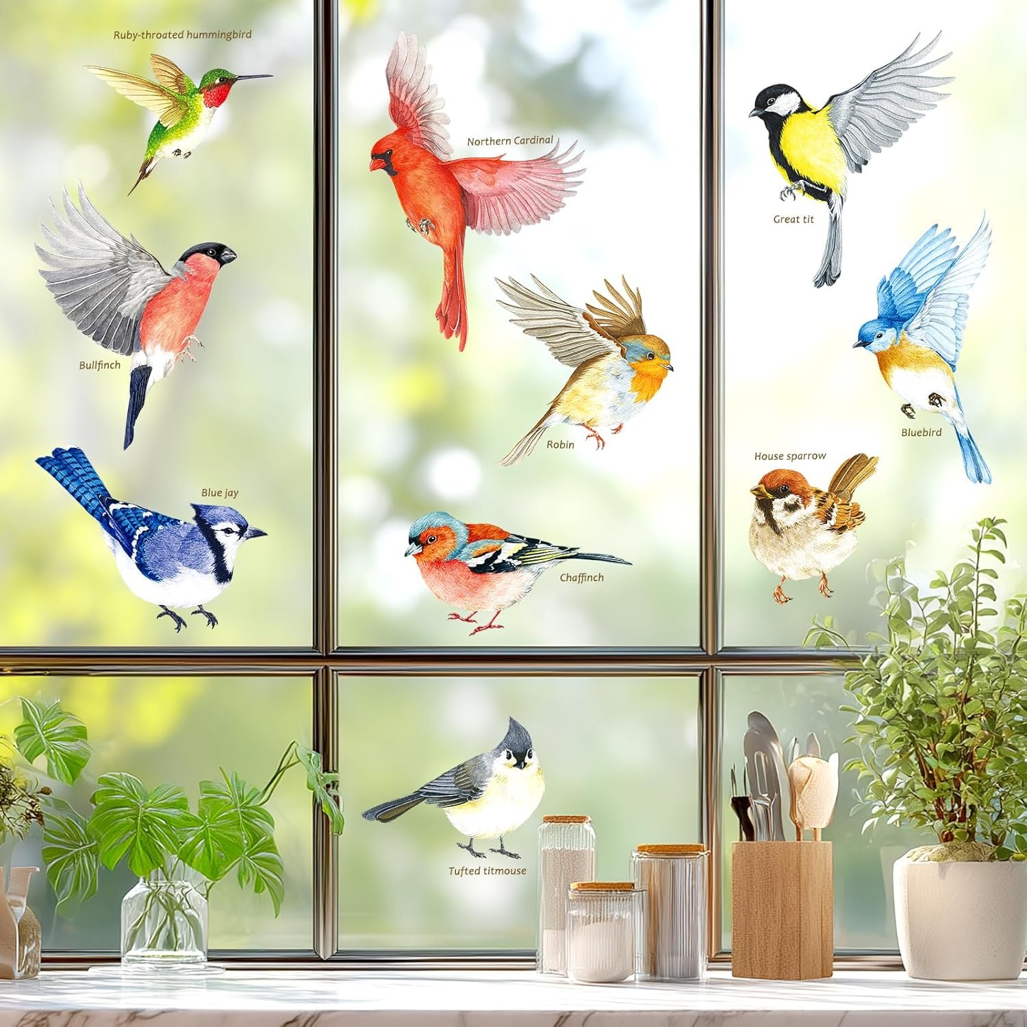 DECOWALL CDS2-9001 10 Beautiful Garden Birds Static Cling Window Stickers Reuseble for Prevent Glass Clings Flying Anti Collision Bird Strike Window Decals - Double Sided Print