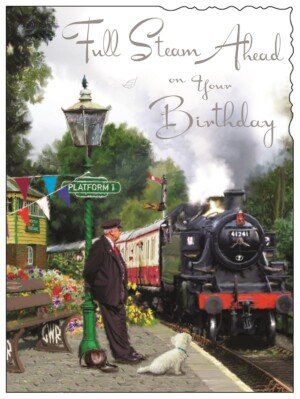 Jonny Javelin Greeting Card Male Birthday Card - Steam Train - Silver Foil Embossed Finish