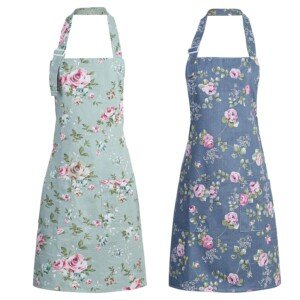 2 Pcs Floral Aprons for Women, Adjustable Canvas Aprons with 2 Pockets for Cooking Gardening Housework
