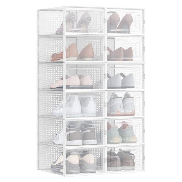 SONGMICS Shoe Boxes, Pack of 12 Stackable Shoe Storage Organisers, Foldable and Versatile for Sneakers, Fit up to UK Size 9.5, Transparent and White LSP12SWT