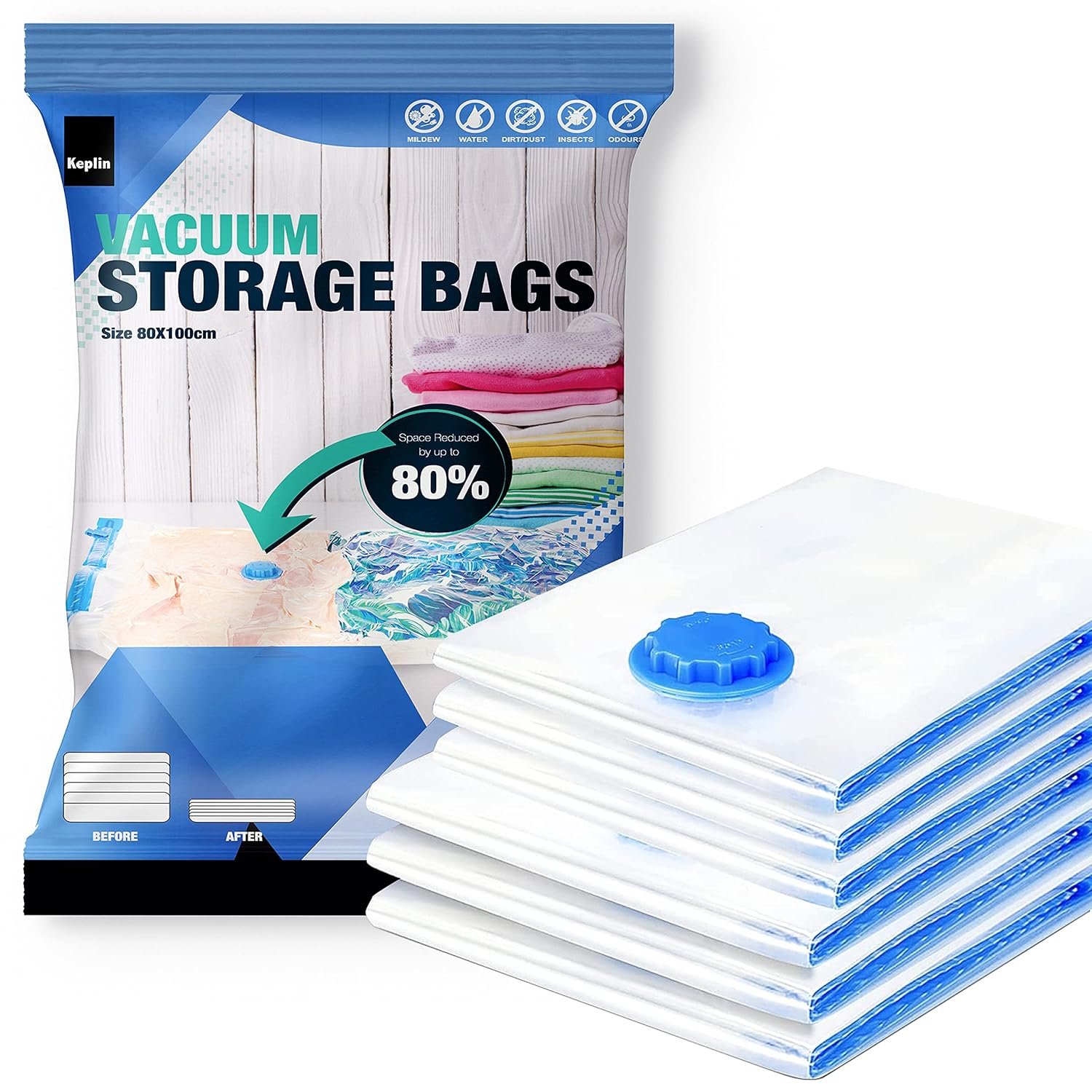 KEPLIN Vacuum Storage Bags | Maximise Space and Clothes, Bedding, Towels, Duvet & Pillow | Space Saver Air Suction Bag with Secure Double Zip + Valve | 6 Pack X-Large (80cm x 100 cm)