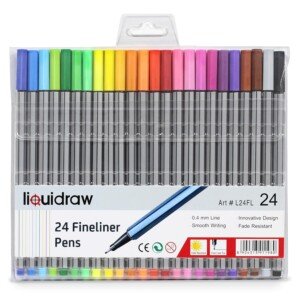 Liquidraw Fineliner Colouring Pens - 24 Pack | 0.4 mm Fine Tip | Assorted Vibrant Colours | Innovative Design Ideal for School, Work & Office Use | Easy Storage See-Through Wallet | Fade Resistant