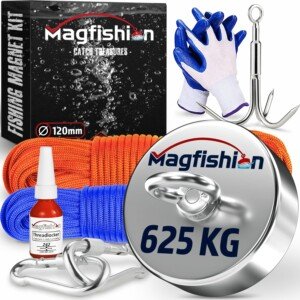 Magnet Fishing Kit - 625 KG (1400lb) - Ø120mm - Super Strong Neodymium Magnet with 2 Ropes, Carabiners, Grappling Hook, Gloves, Threadlocker - Magnetic Powerful Magnets