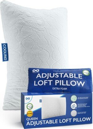Everlasting Comfort Adjustable Pillow - Green Tea Shredded Memory Foam Pillow with Customizable Loft for Back, Stomach, Side Sleepers - Refreshing Cover and Cooling Pillowcase (Queen)