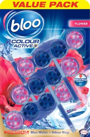 Bloo Colour Active Toilet Rim Block Fresh Flowers with Anti-Limescale, Cleaning Foam, Dirt Protection and Extra Freshness with Bloo Odour-Stop Technology, Pack of 3 Rimblocks