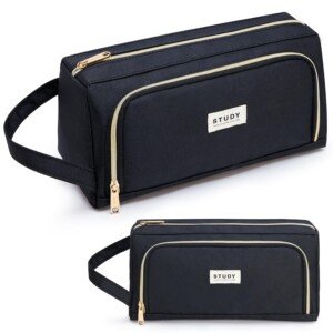 KALIDI Large Pencil Case for Girls and Boys Waterproof - Cute Pencil Case for Girls Secondary School Big Capacity Pencilcase with Zipper & Compartments Aesthetic Pencil Pouch for Women, Black