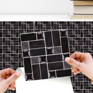 WALPLUS Tile Transfers for Kitchen DIY Self Adhesive Wall Tiles 15x15cm Black Porcelain Mosaic Glossy Stick on Tiles