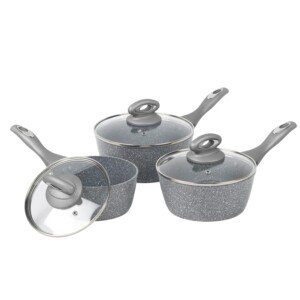 Salter BW02986GEU7 Marblestone 3 Piece Saucepan Set – 16cm, 18cm, 20cm Pans, Non-Stick, Tempered Glass Lids, PFOA-Free, Corrosion Resistant Forged Aluminium, Suitable for All Hobs, Dishwasher Safe
