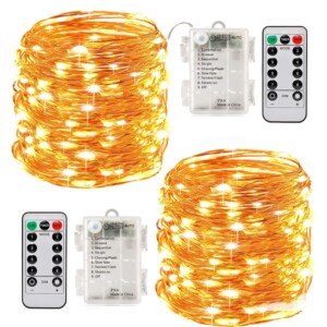 Led String Lights Battery Powered,[2 Pack] 100 LEDs 33ft Fairy String Lights Battery Operated Waterproof 8 Modes with Remote Control Christmas Decoration Lights (Warm White-10M)