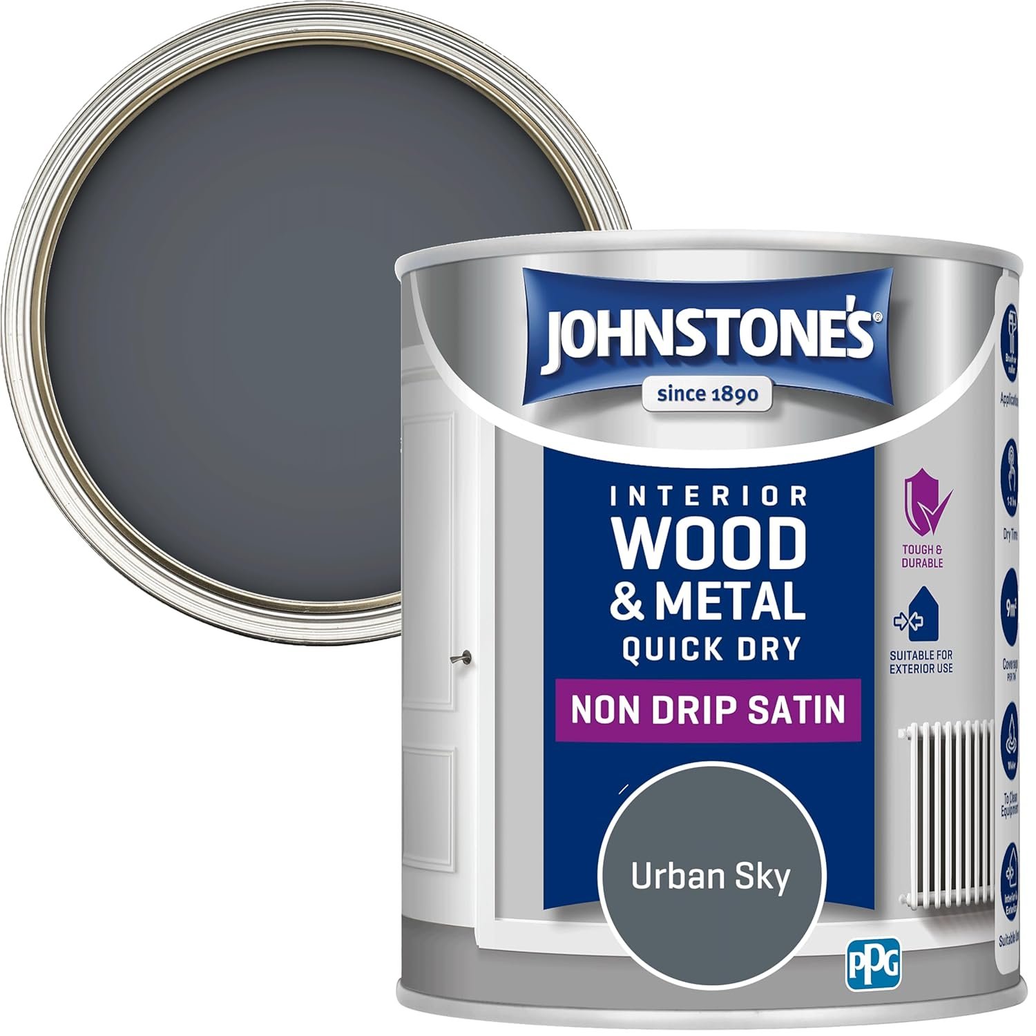 Johnstone's - Wood & Metal Paint - Satin Finish - Urban Sky - 750ml - Water Based - Non Drip & Quick Drying - Radiator Paint - Low Odour - Dry in 1-2 Hours - 8m2 Coverage per Litre
