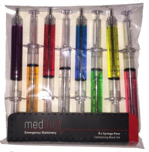 Pack of 8 Mixed Colour Syringe Pens with Black Ink Great Nurse Novelty Pen Stationary Set or Doctor Medical Student Stationery Pen Set NHS