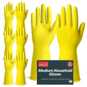 SOL 4 Pairs Kitchen Rubber Gloves Medium, Yellow Heavy Duty for Cleaning with Non-Slip Grip, Durable Waterproof Design for Household, Bathroom & Dishwashing, Multipurpose & Comfortable To Use