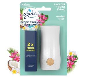 Glade Touch & Fresh Air Freshener Holder and Refill, Touch Activated Odour Eliminator for Bathroom & Home, Tropical Blossoms, 1 Starter Kit, (1 x Holder and 1 x 10ml Refill)