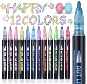 Easter Gifts for Kids, Glitter Pens Colouring Pens, Gifts for 4 5 6 7 8 9 10 11 12 Year Old Girls, Gifts for Teenage Girls, 12 Outline Marker Pens for Scrapbooking, Arts and Crafts for Kids