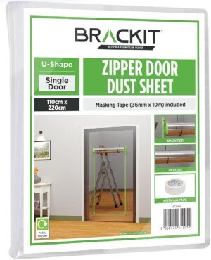 brackit U Shape Zipper Door dust Sheet with pre-Assembled 4m Zipper. 100cm x 220cm (1m x 2.2m) with Masking Tape 36mm x 10m