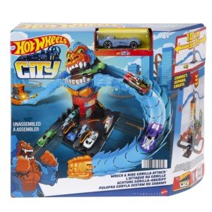 Hot Wheels City Wreck & Ride Gorilla Attack with 1 Hot Wheels Car, Connects to Other Sets, Gas Station-Themed Set, Gift for Kids 4 to 8 Years Old, HDR30