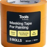 Front view of Hemway Masking Tape for Painting, Pack of 3, showcasing the orange 50m x 3.6cm size with blocking technology.