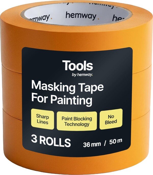 81QB0uIYwaL._SL1500_ Front view of Hemway Masking Tape for Painting, Pack of 3, showcasing the orange 50m x 3.6cm size with blocking technology.