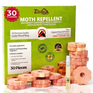 Moth Repellent for Wardrobes | 30x 100% Natural Cedar Wood Rings with Free 4.5ml Organic Cedar Oil | Wardrobe Fresheners | Includes Organic Fabric Bag & Sandpaper