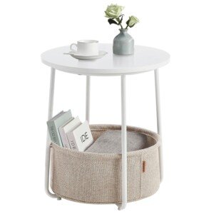 VASAGLE LET223W10 Small Round Coffee Table, Side Table with Fabric Basket, Storage for Living Room, Bedroom, Modern Style, Matte White and Camel Brown
