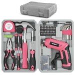 Hi-Spec 42pc Pink 4V USB Electric Power Driver & Household Tool Kit in a compact box, showing contents and design.