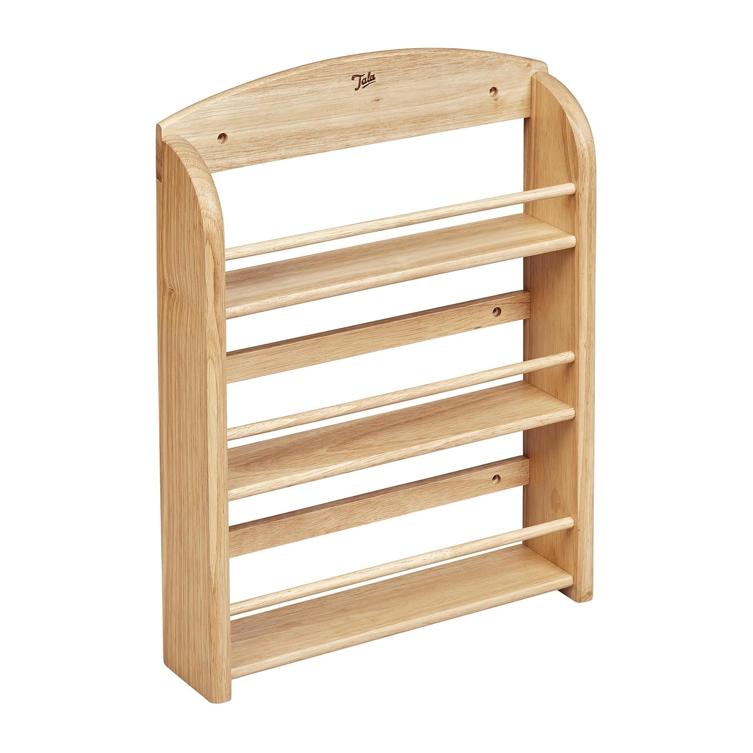Side perspective of the Tala 18-Jar Spice Rack made with Hevea Wood, highlighting its spacious tiered storage