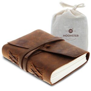 Leather Journal Writing Notebook, Vintage Handmade Bound Notepad for Men Women - Write in Plain Thick Paper, 7x5 Inch Small Blank Pages, MOONSTER® Drawing Sketchbook, Travel Diary, Unlined Note Book
