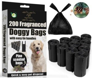 Haya Home 200 Pine Scented Eco Tie Handles Large Dog Poo Bags on roll Leak and Tear Resistance Extra Strong Doggy Poo Poop Waste Bags Environmentally friendly 100% recyclyed material
